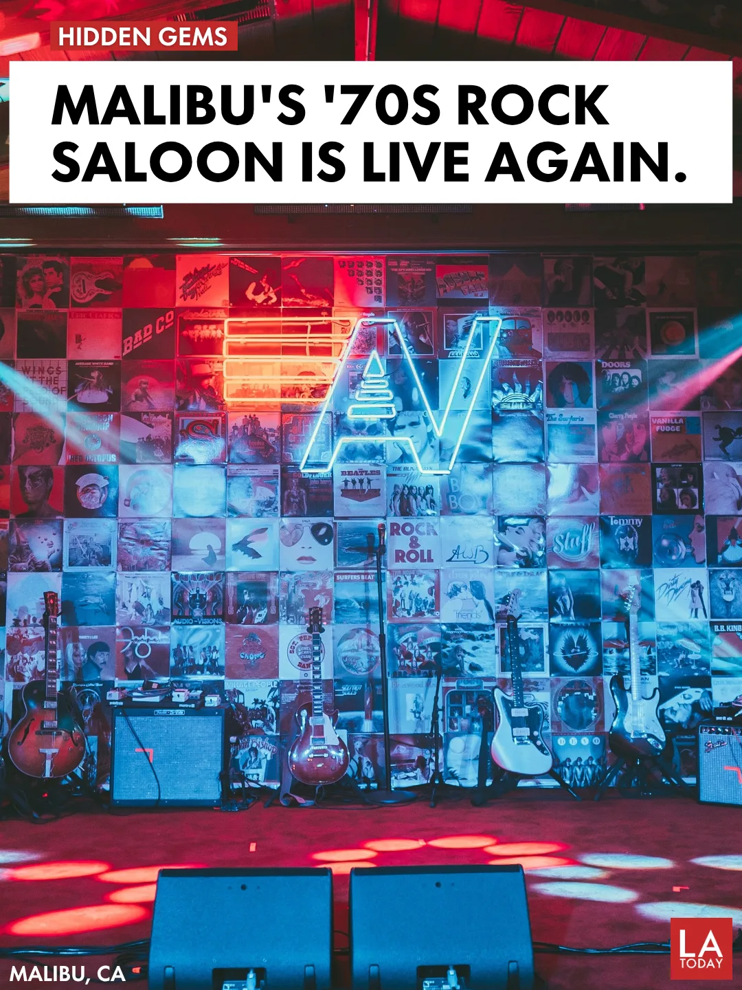 Stage and neon logo inside Aviator Nation Dreamland, a live music venue and restaurant on Pacific Coast Highway in Malibu