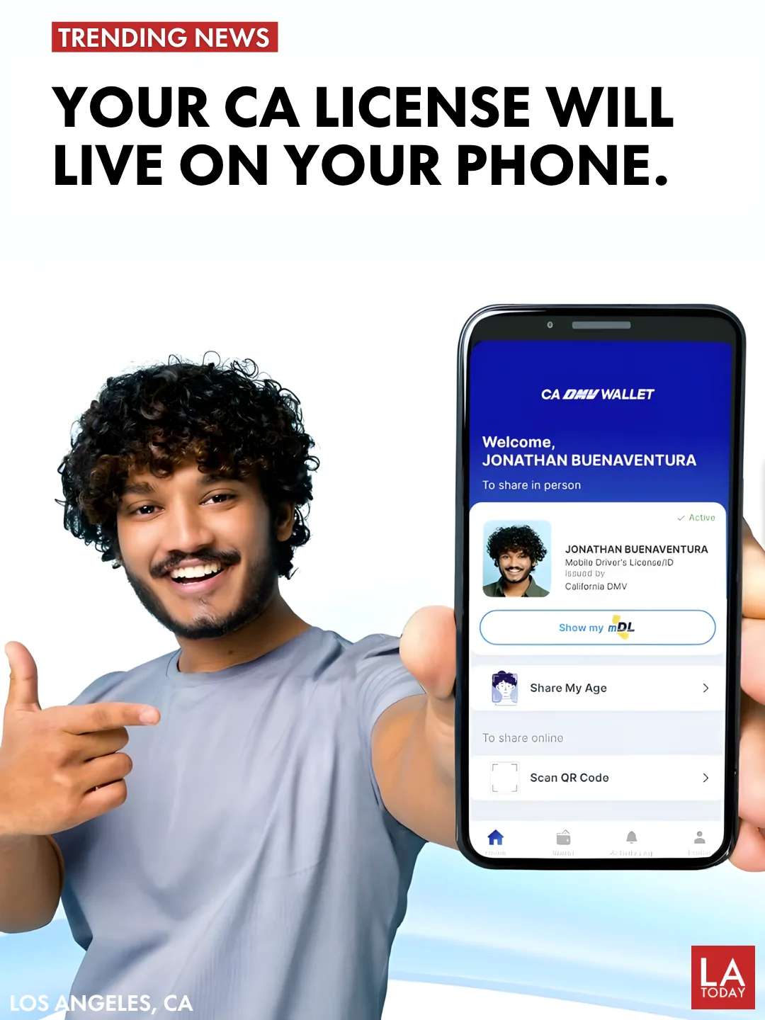 A Californian holding up a phone showing the CA DMV Wallet mobile driver's license