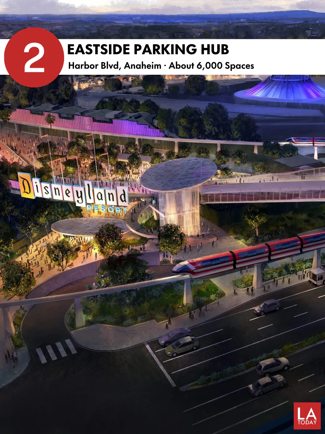 LA Today slide 2: eastside parking hub on Harbor Blvd, about 6,000 spaces