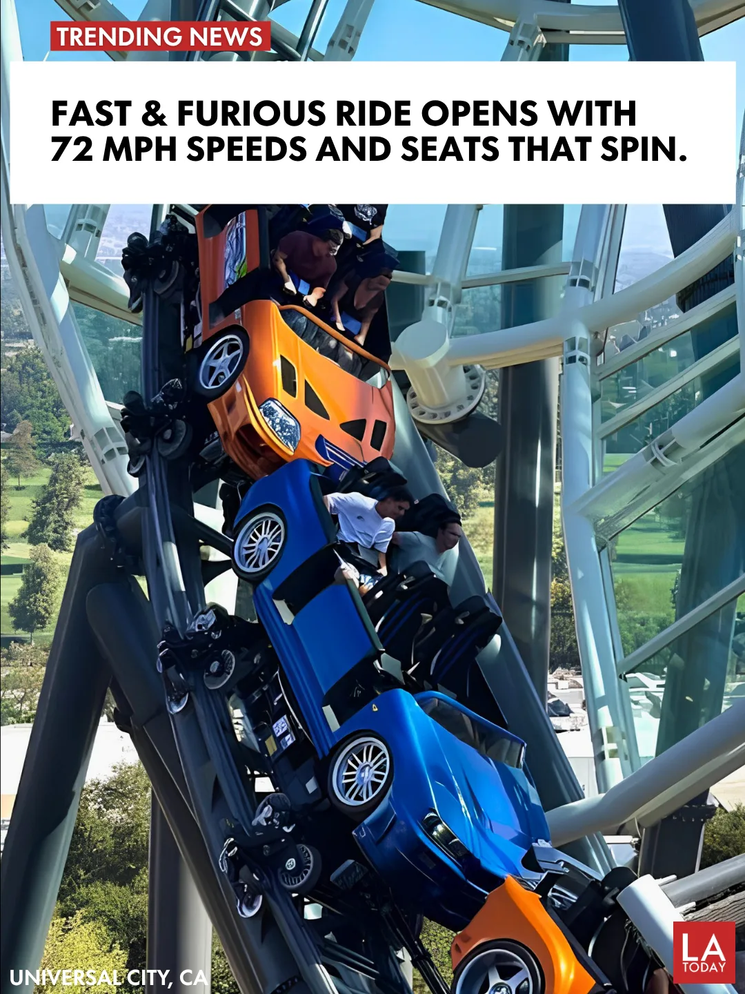 LA Today cover for Fast & Furious: Hollywood Drift opening at Universal Studios Hollywood with the Charger ride vehicle