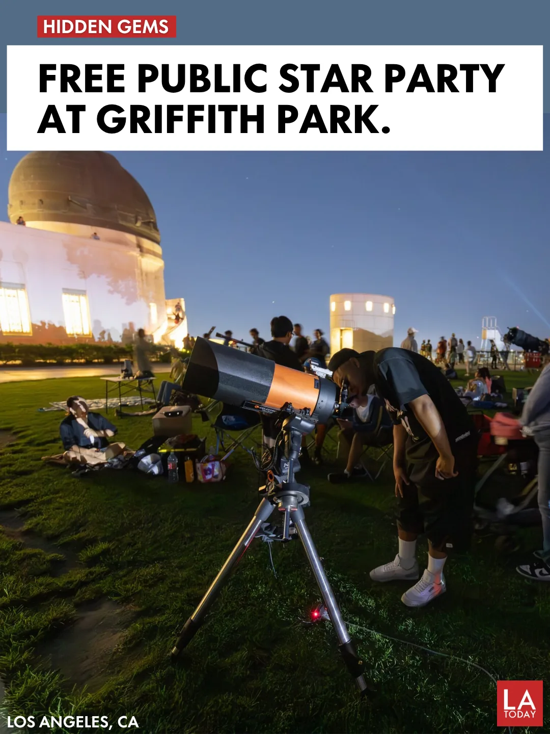Visitors at telescopes on the lawn during a public star party at Griffith Observatory