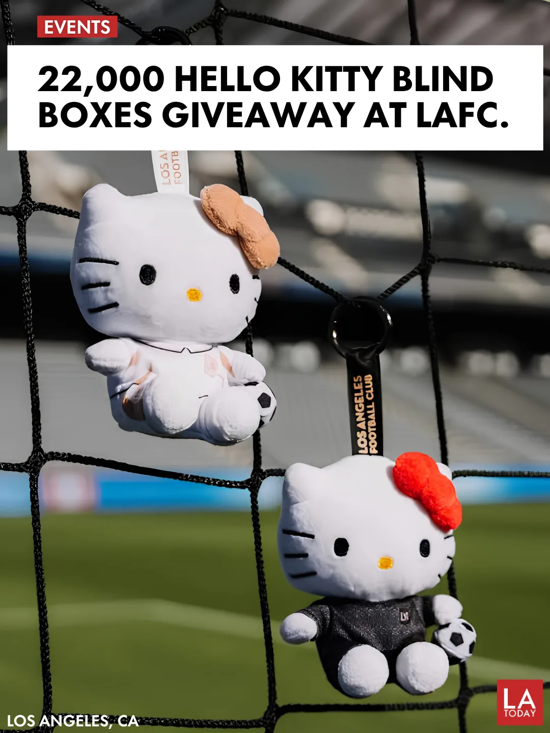 LA Today cover for Hello Kitty Night at LAFC on October 14, 2026 with two Hello Kitty plushes in a goal net