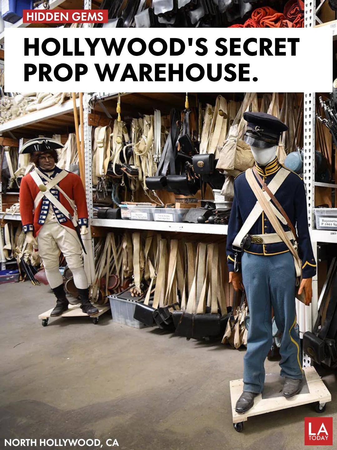 Period military uniforms and props on shelves inside the History For Hire warehouse in North Hollywood