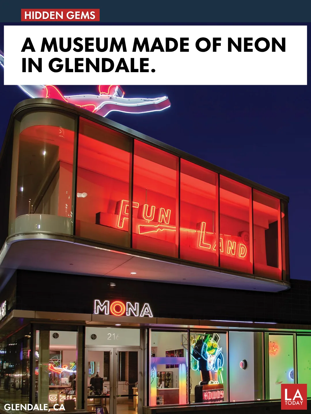 Exterior of the Museum of Neon Art on Brand Boulevard in Glendale at night, with neon signs lit
