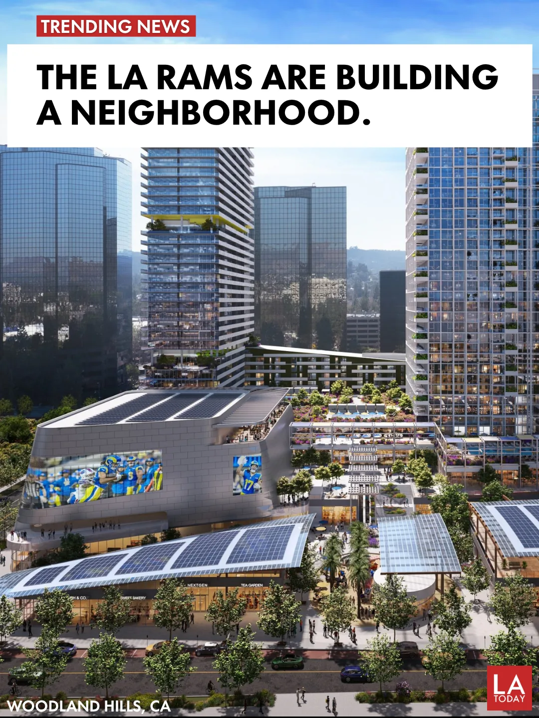 LA Today cover showing the Rams Village at Warner Center masterplan rendering in Woodland Hills