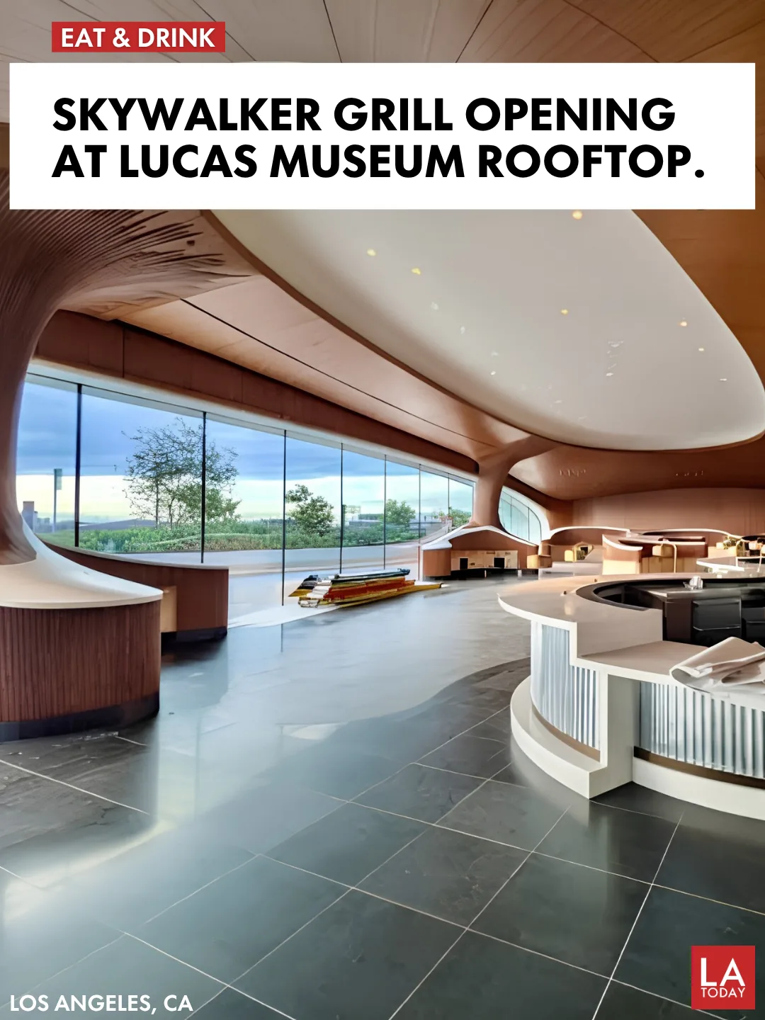 Rooftop dining at Skywalker Grill atop the Lucas Museum of Narrative Art in Exposition Park
