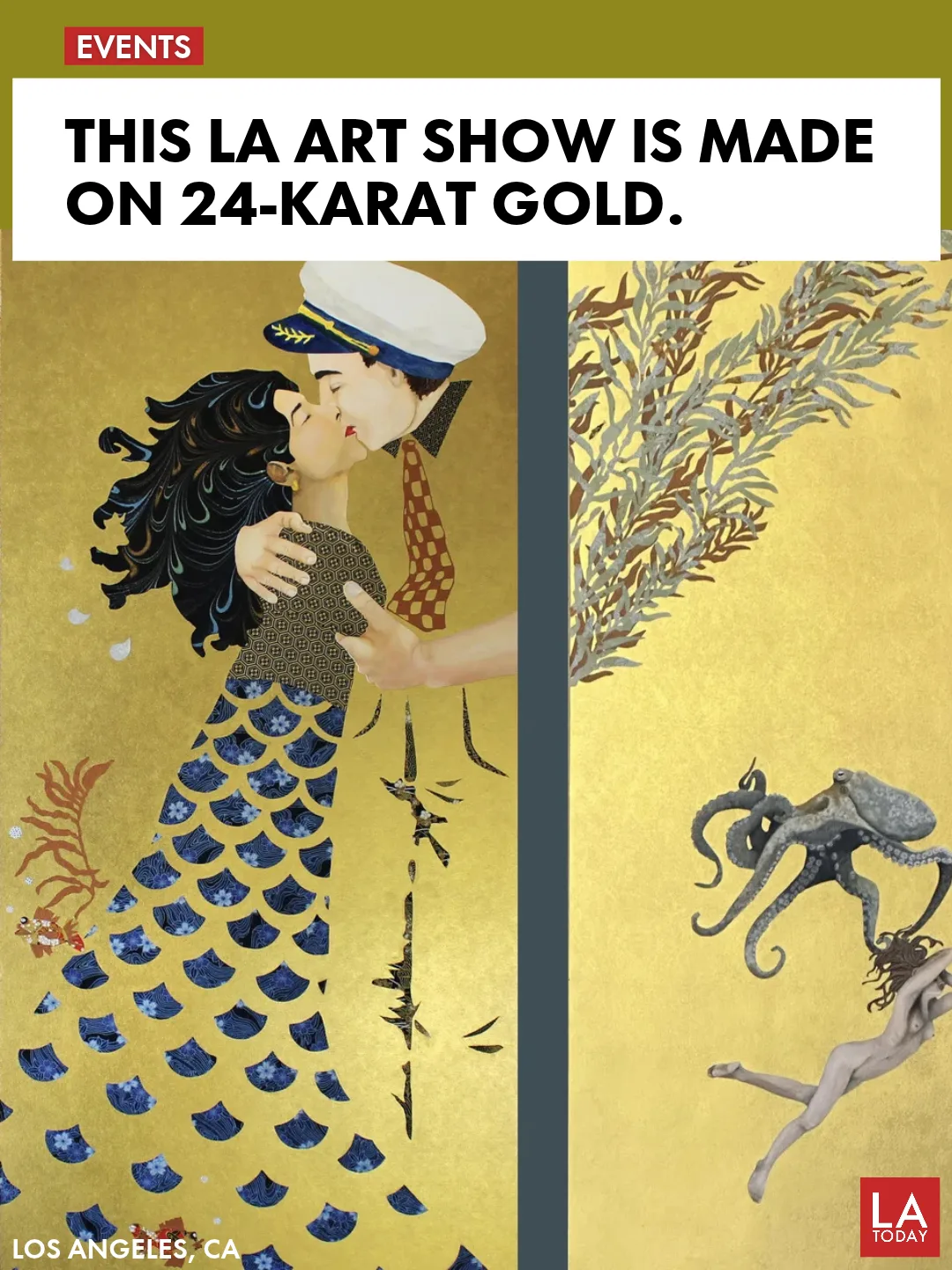 LA Today cover: Tama Takahashi washi paper collage on 24-karat gold screens, a sailor kissing a woman and an octopus in kelp