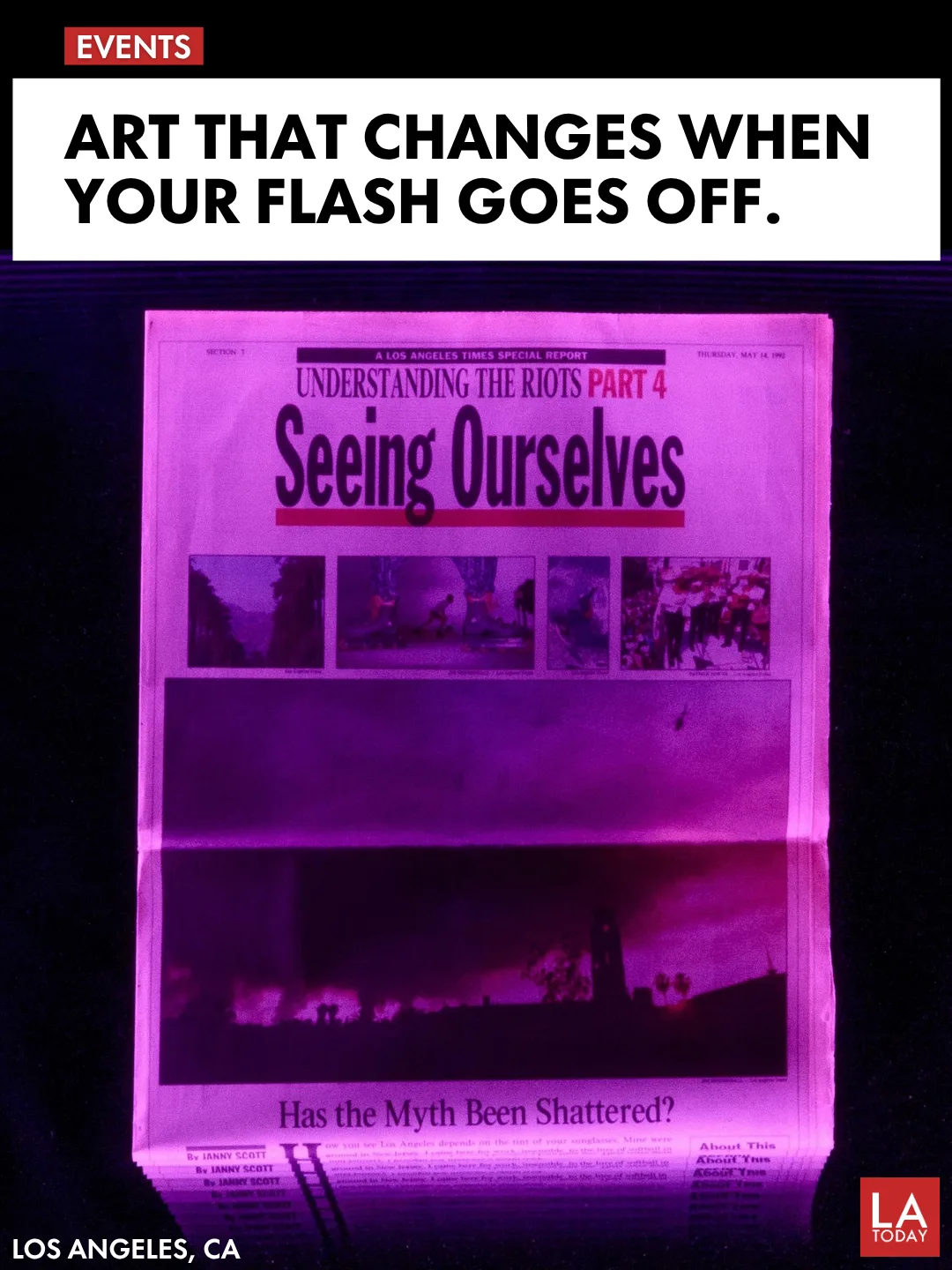 Guadalupe Rosales's framed 1992 Los Angeles Times front page, lit in pink, from The Broad's exhibition Has the Myth Been Shattered