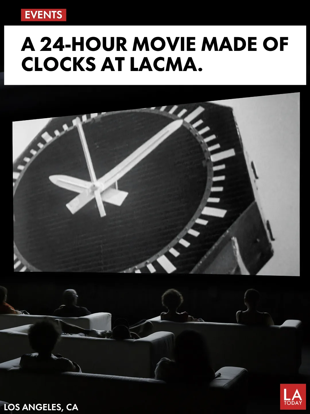 Audience watching Christian Marclay's The Clock projected in a darkened gallery at LACMA