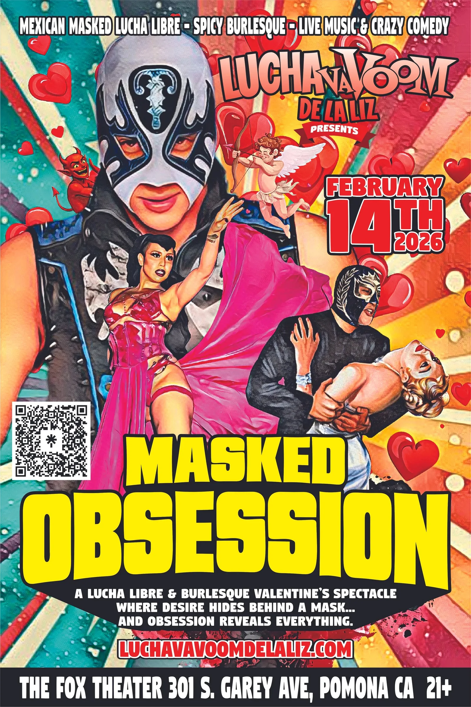 Comic-style event poster with masked wrestlers and a Valentine's date