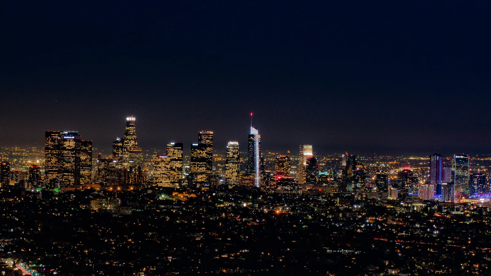 Fireworks lighting up the Downtown Los Angeles skyline at midnight