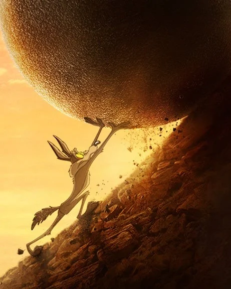 Key art for Coyote vs. ACME: Wile E. Coyote holding a giant boulder above him on a desert slope at sunset