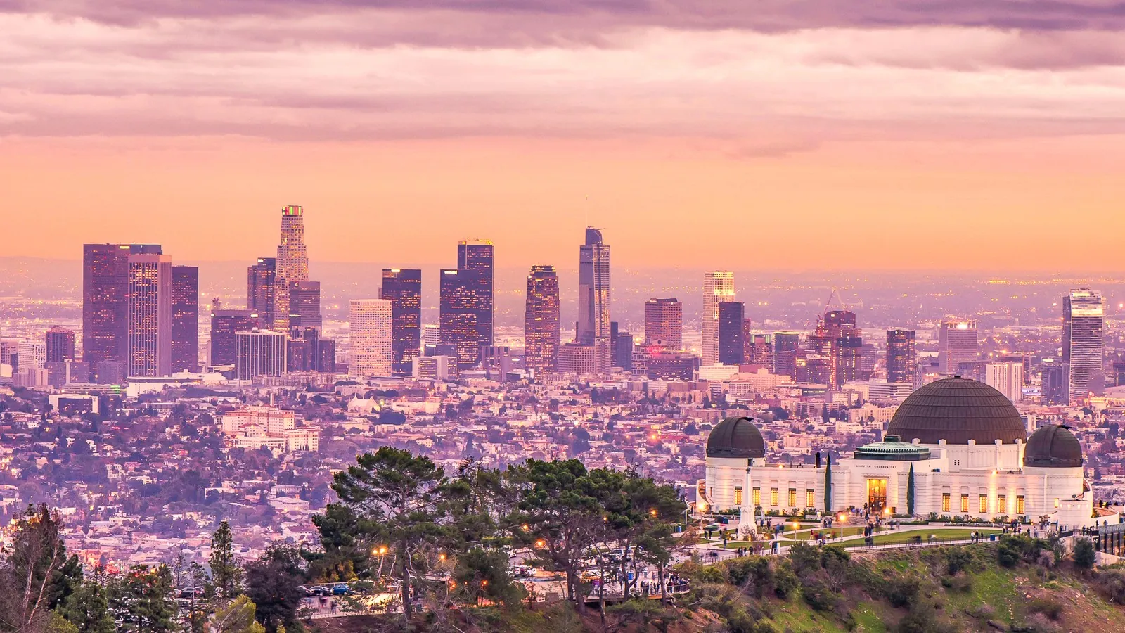 Griffith Observatory and the downtown Los Angeles skyline at sunset